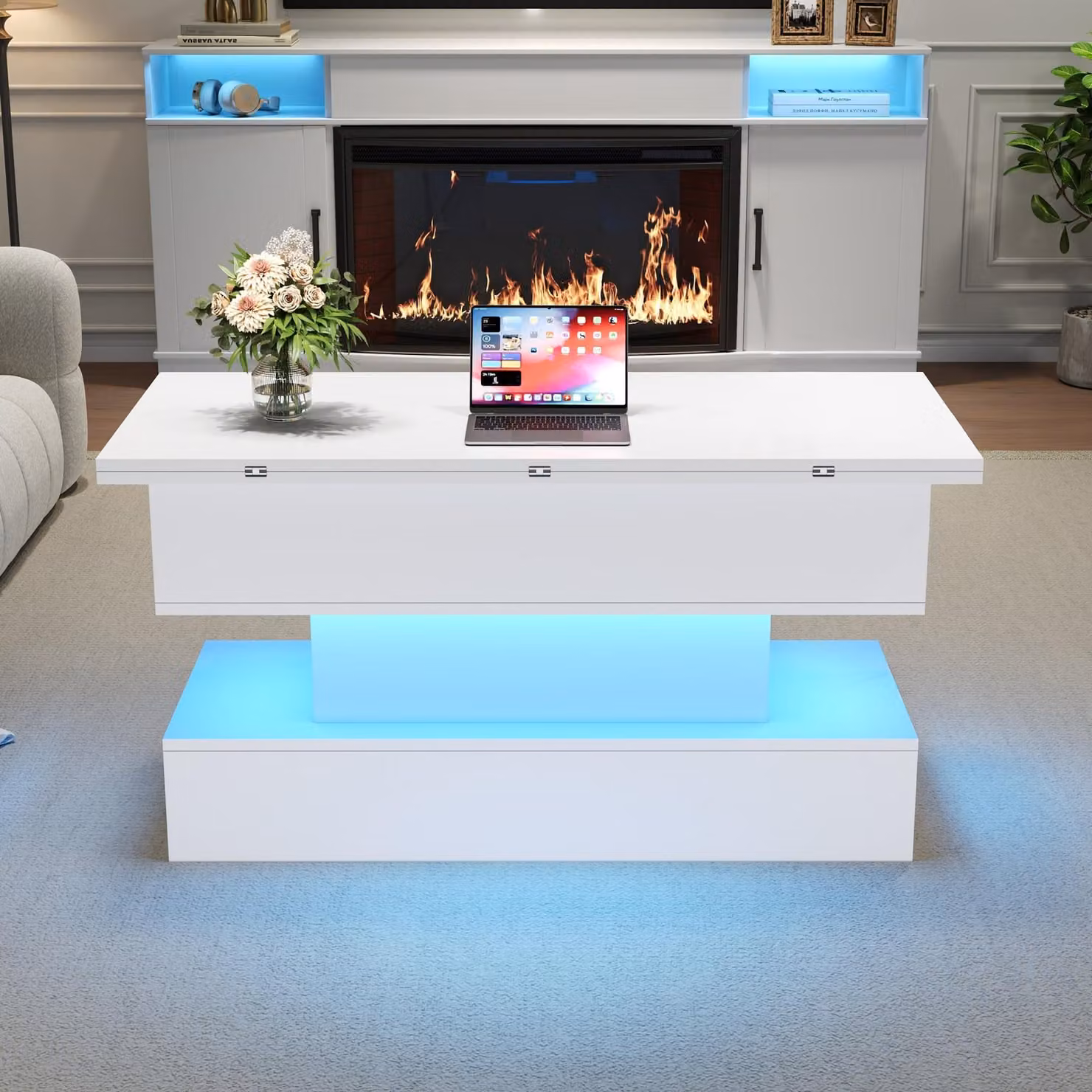 okwish Tavolino sollevabile con presa di corrente e LED, credenza con presa di ricarica USB-C&USB, tavolino da divano regolabile in altezza con vano portaoggetti, bianco