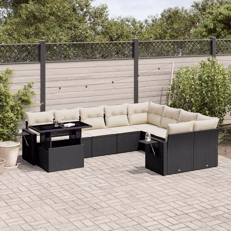 Set di Divani da Giardino vidaXL 10 Pezzi con Cuscini e Tavolino, Polyrattan e Metallo Nero e Bianco