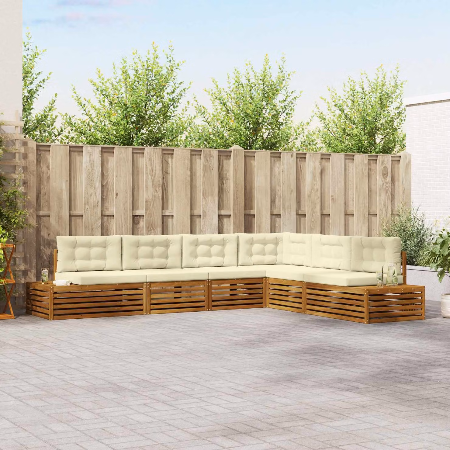 Set di 7 divani da esterno vidaXL a forma di L in legno di acacia con cuscini, beige, bianco e marrone
