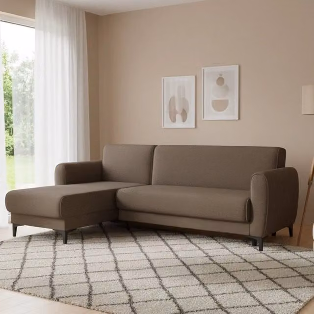 Divano letto ad angolo Aber DMORA con penisola reversibile e contenitore, modello moderno in tessuto marrone, L 230 cm x H 85 cm