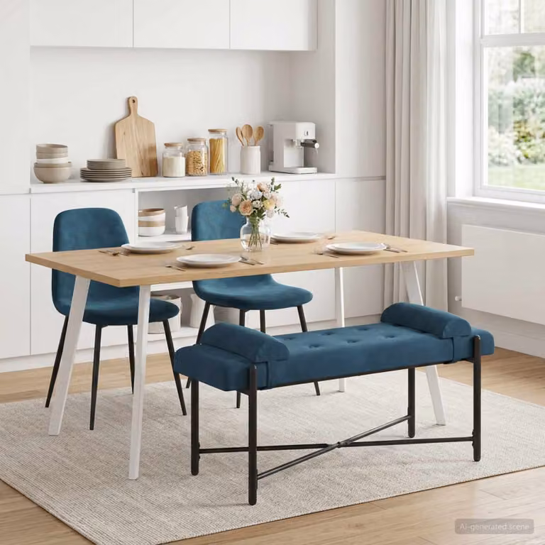 Panchina moderna vidaXL in velluto blu con bottoni e cuscini, L 110 x P 40 x H 46 cm