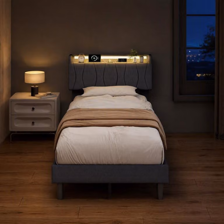 Letto imbottito ProximaX, 90x200 cm, con USB e porta di tipo C, letto per ragazzi, letto singolo in legno con LED e rete a doghe, tessuto in lino, colore grigio