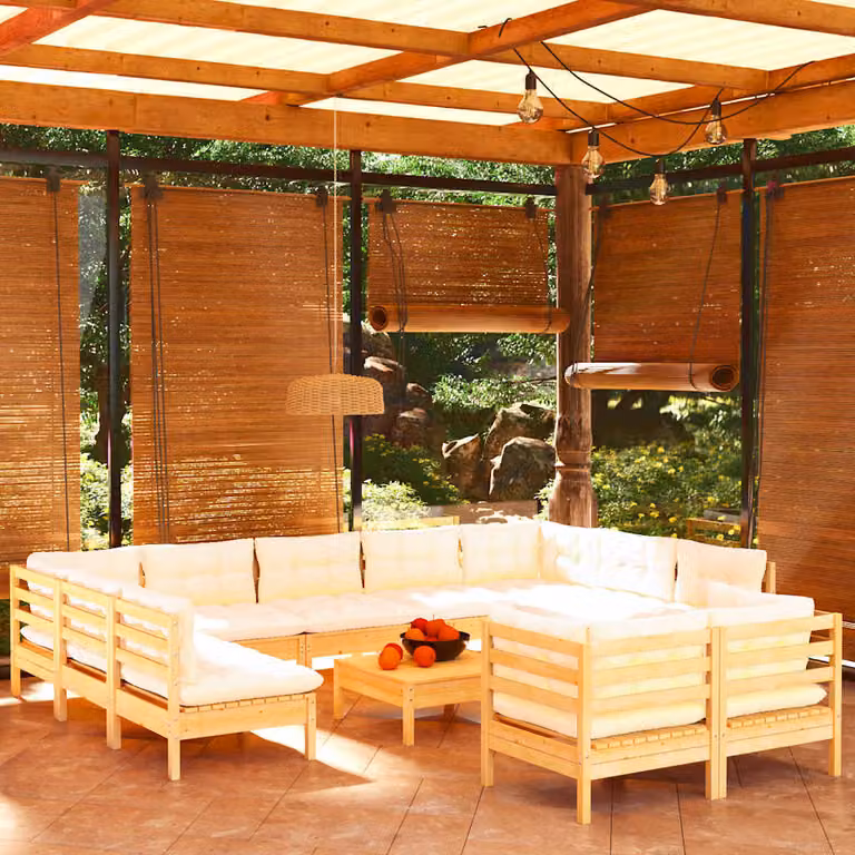 Set Divani da Giardino vidaXL 12 pz in Legno Massello di Pino con Cuscini Beige e Bianco, Forma a U con Elementi Angolari e Ottoman