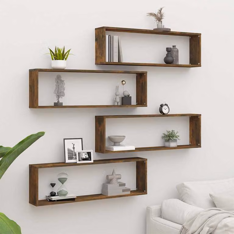 Set di 4 mensole a cubo da parete vidaXL in legno ingegnerizzato, colore Rovere Fumo, L 100 cm x P 30 cm x H 15 cm