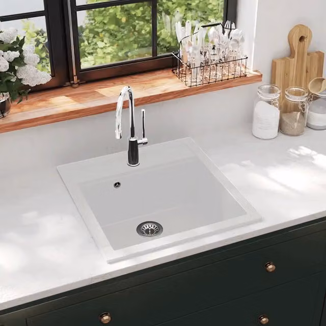 Lavello da Cucina in Granito Vasca Singola-Lavandino-Lavabo Bianco 916264