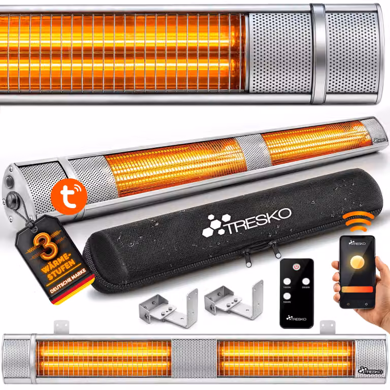 Riscaldatore a infrarossi TRESKO® da 3000W con Wi-Fi e telecomando, per interni ed esterni | Riscaldatore elettrico per terrazza con 3 livelli di riscaldamento | Riscaldatore a infrarossi da parete, ideale per terrazze, ambienti esterni e come riscaldator