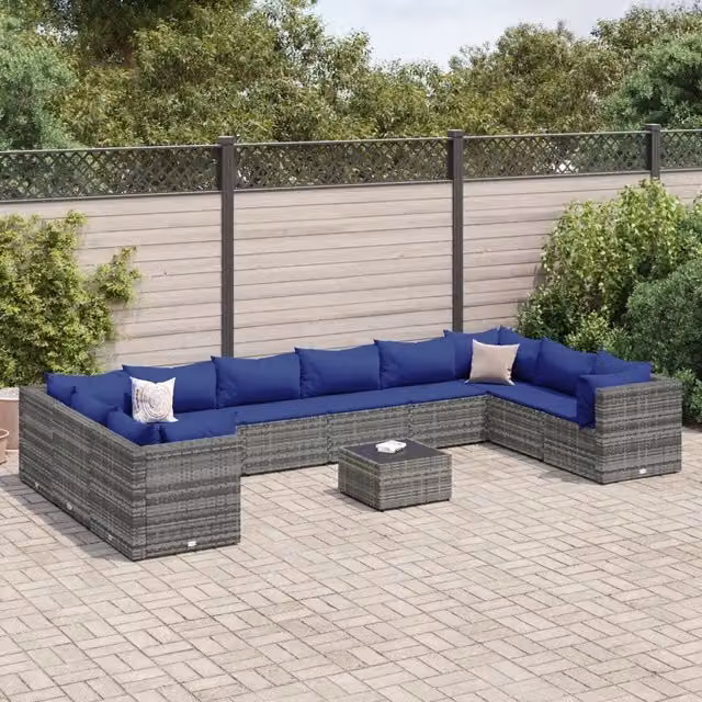 Set da giardino vidaXL composto da 11 pezzi con divani a L, tavolino da caffè e cuscini in polyrattan grigio e blu con struttura in acciaio verniciato a polvere – 1