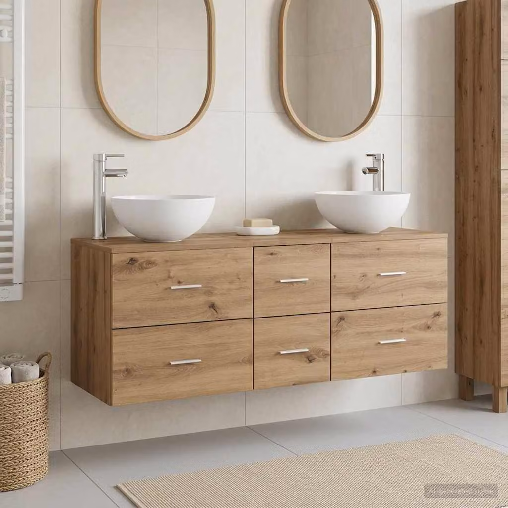 Set di mobili da bagno moderni vidaXL in 3 pezzi color rovere con base lavabo e pensili a parete L/P/H: 129 x 32,05 x 80 cm