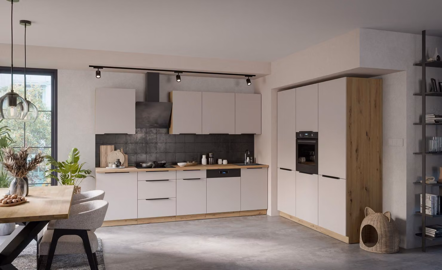 Cucina SOLANO 280 + 180 cm Cucina a vista Cucina componibile Cucina componibile Cashmere beige opaco + Rovere Artisan opaco