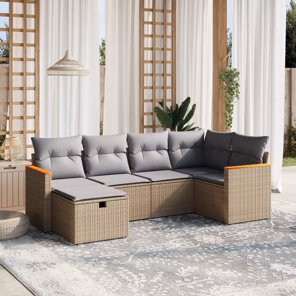 vidaXL Set Divano da Giardino a L 6 pz con Cuscini Beige e Grigio in Polyrattan e Acciaio – 1