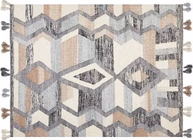 Tappeto Kilim Beliani multicolore in lana e cotone con motivo patchwork boho e frange L: 230 cm, P: 160 cm