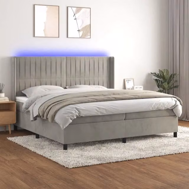 Letto matrimoniale moderno vidaXL in velluto grigio con illuminazione LED e porte USB, struttura in legno e materasso ibride, L/P/H: 200 x 200 x 203 cm – 1