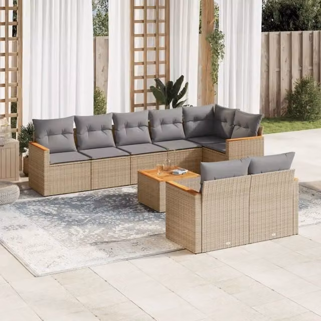 vidaXL Set Divano da Giardino 9 pz a forma di U in Polyrattan con Cuscini Beige e Tavolino da Esterno – 1