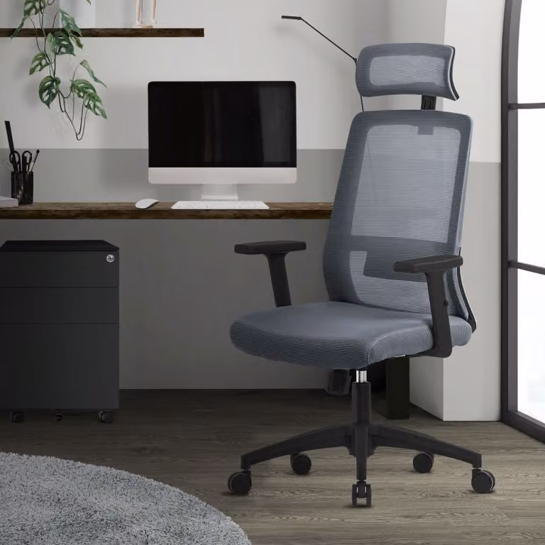 Sedia da ufficio ergonomica ML-Design, grigia, in rete, con poggiatesta regolabile