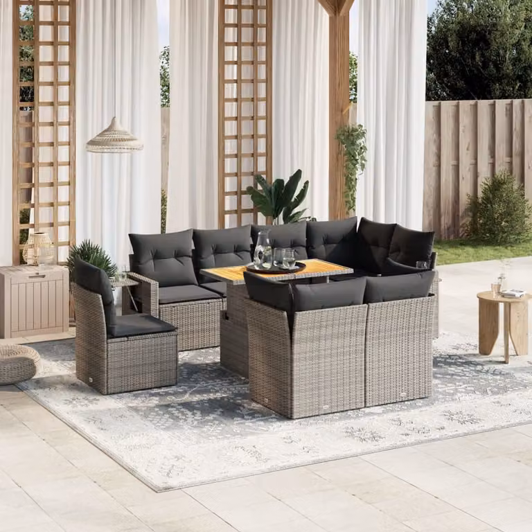 vidaXL Set Divano da Giardino a L 9 pz in Polyrattan Grigio con Cuscini e Tavolino
