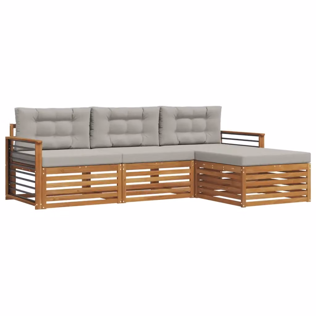 Set di divani da esterno vidaXL a forma di L con pouf, in legno di acacia e tessuto beige e grigio – 2