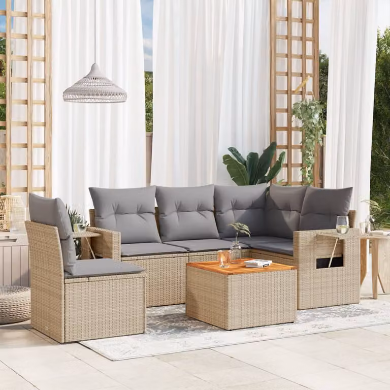 vidaXL Set Divano da Giardino a L in Polyrattan con Cuscini Beige e Grigio, 6 Pezzi