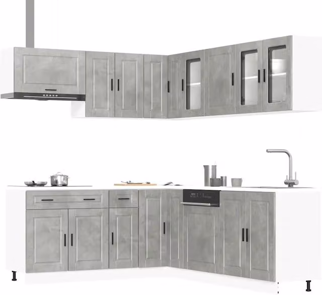 Set di mobili da cucina moderno vidaXL in legno e vetro grigio con ante a battente e ripiani interni