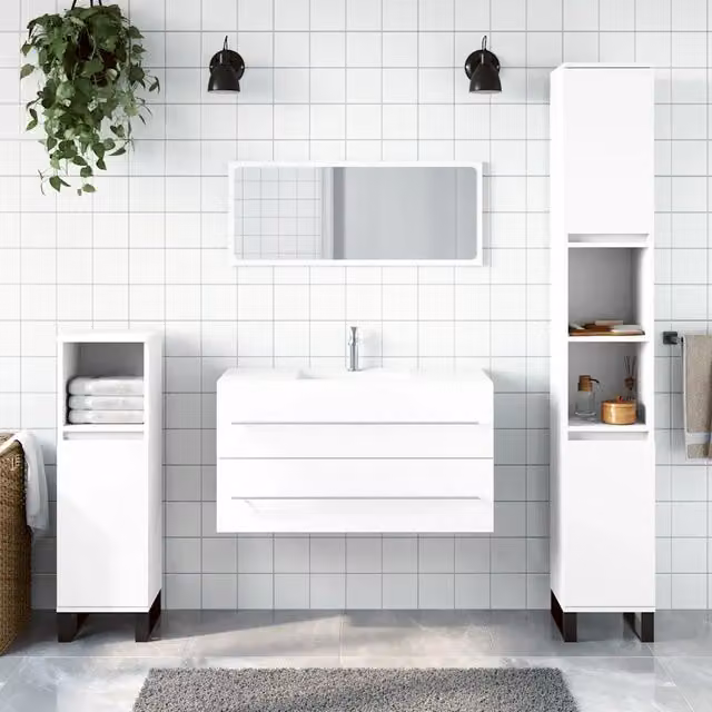 Armadietto da Bagno con Specchio Design Mania Bianco in Legno Multistrato con Ante in Vetro, L/P/H: 48.0 x 38.5 x 38.5 cm