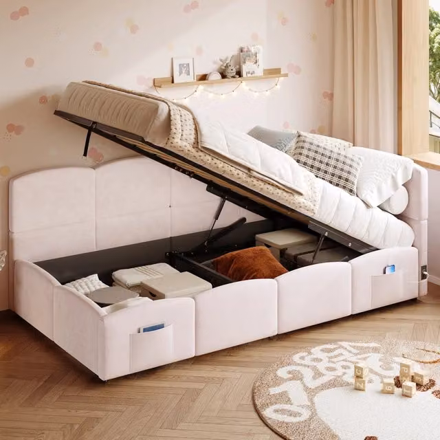 Divano letto 90 × 200 cm con contenitore idraulico; rete a doghe; porte USB-A e USB-C; velluto rosa