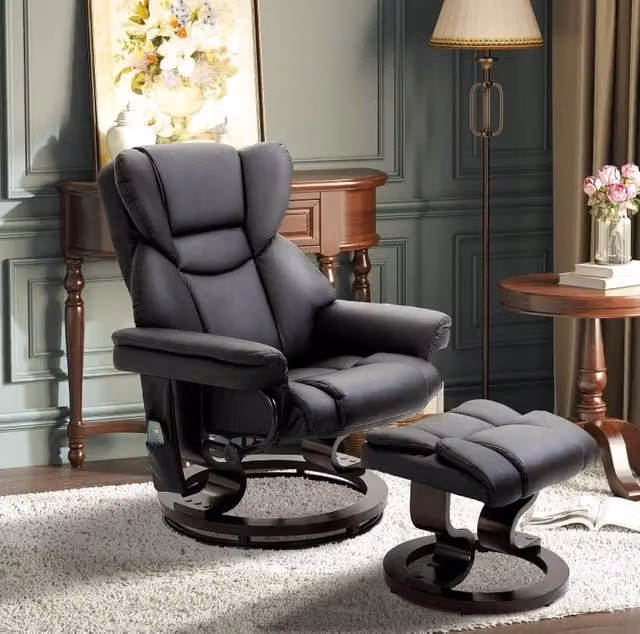 Poltrona relax massaggiante nera 79x82x101 cm in similpelle con pouf