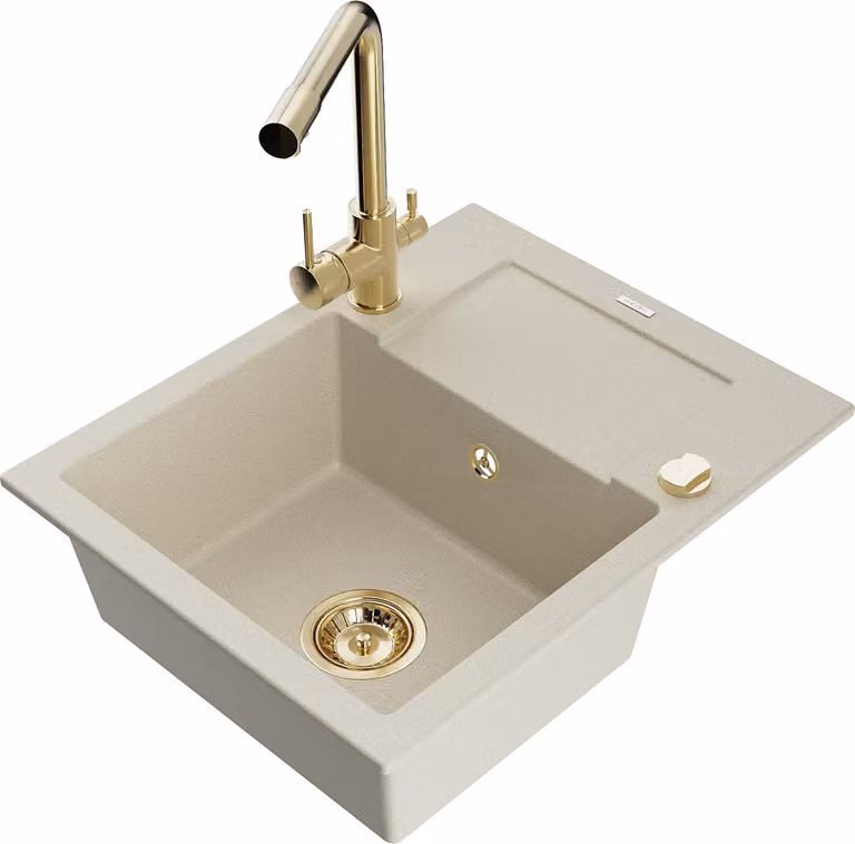 Mexen Enzo lavello in granito 1-vasca con scolapiatti e rubinetto da cucina Duero, beige - 6506-69-671600-50