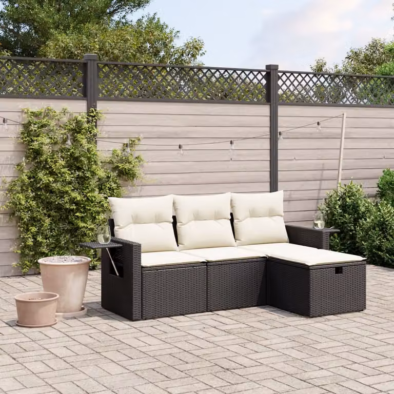 Set di divani da giardino vidaXL a forma di L composto da 4 pezzi con cuscini, poltrona lounge, divano a 2 posti e pouf, struttura in metallo e rattan nero con rivestimenti rimovibili e resistenti ai raggi UV