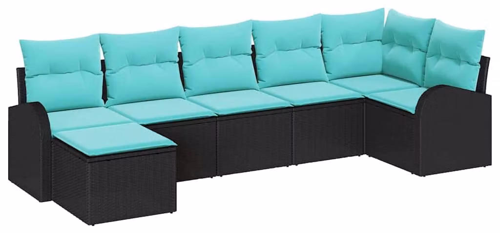 Set di divani da salotto, 7 pezzi, colore nero e turchese, realizzato in rattan sintetico