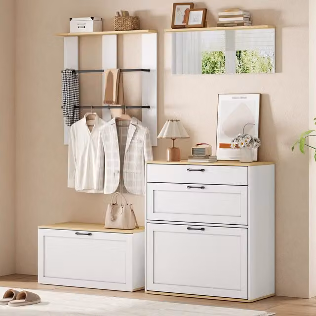 Mobile ingresso con scarpiera guardaroba multifunzione bianco e legno naturale 156x36x176cm