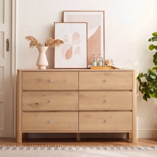 Cassettiera OKWISH moderna con 6 cassetti in MDF e metallo per soggiorno o camera da letto, colore marrone beige, L 120 cm x P 40 cm x H 80 cm