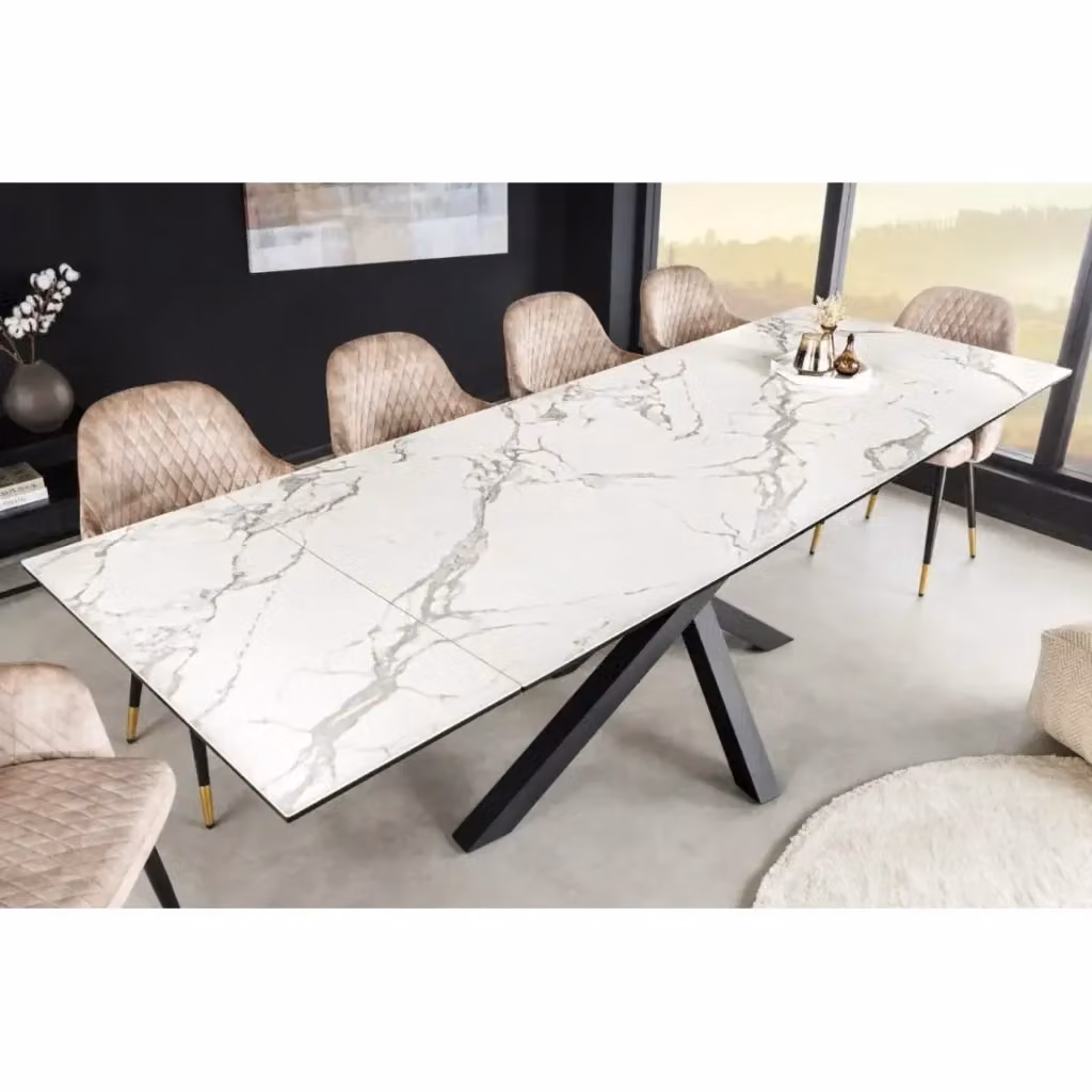 Tavolo da pranzo allungabile MEUBLORAMA in ceramica con struttura in metallo, rettangolare, bianco, nero e grigio – 2