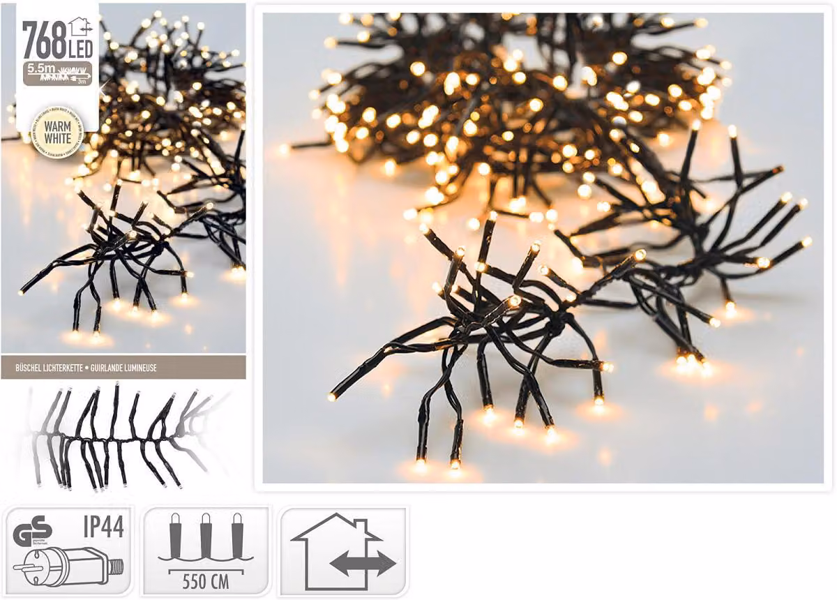 Catena luminosa a grappolo 768 luci natalizie a LED bianco caldo 5,5 metri IP44