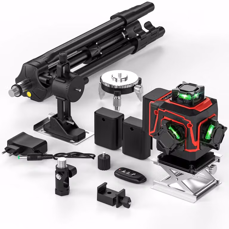 Livella laser 4D a 16 linee - Treppiede regolabile - Autolivellamento a 360° - Linee orizzontali e verticali - Batteria inclusa - Colore: rosso