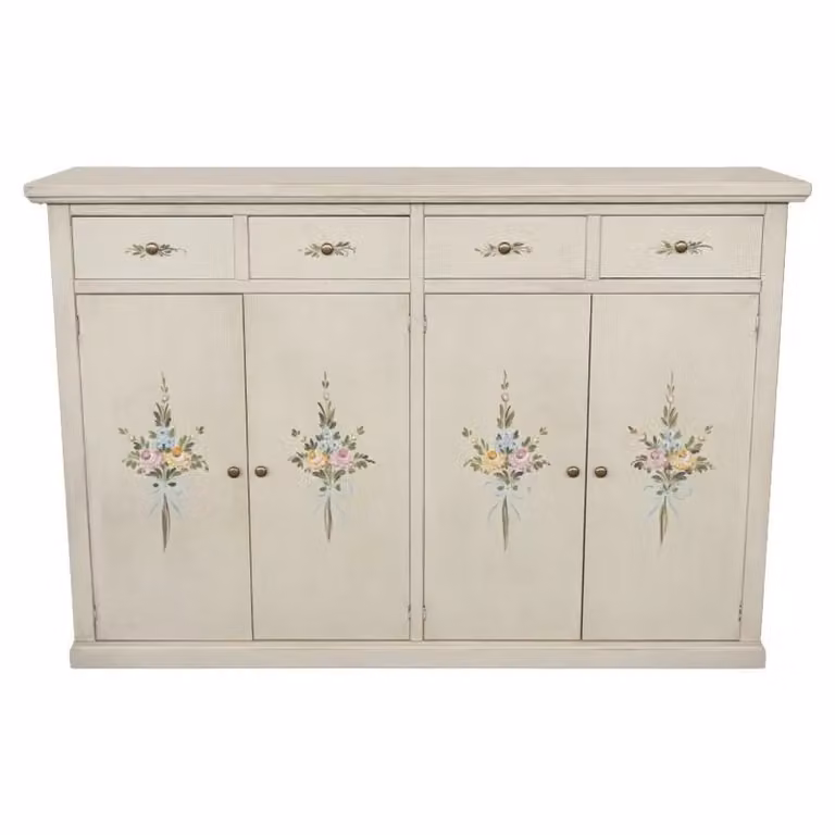 Credenza in legno di pino stile shabby chic bianco anticato decorato con motivi floreali Mobili 2G L/P/H: 160 x 35 x 110 cm