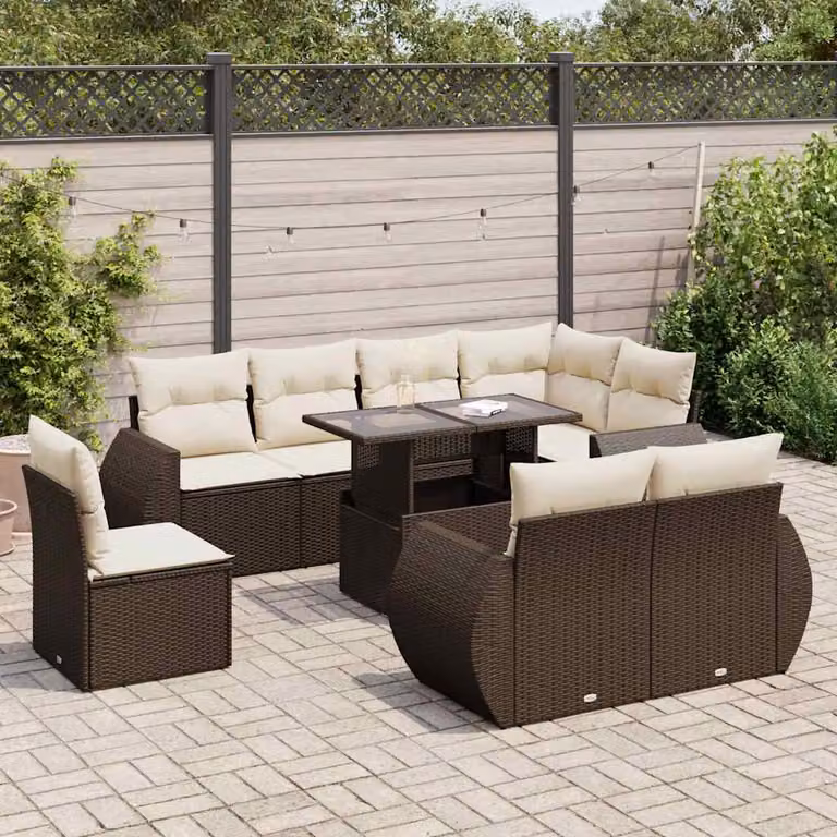 Set Divani da Giardino vidaXL 9 Pezzi a Forma di L con Cuscini e Tavolino, Polyrattan Marrone e Bianco