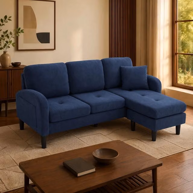 Divano angolare L modulare con chaise longue 166x118x77 cm, tessuto cord, blu