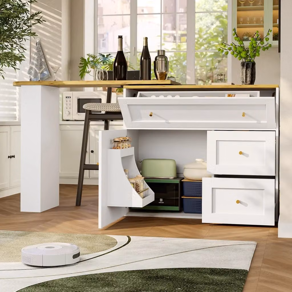 Tavolo bar estraibile Zephmum bianco con ripiano snack e spazio di archiviazione L: 138-204 cm, P: 39 cm, H: 105 cm – 2