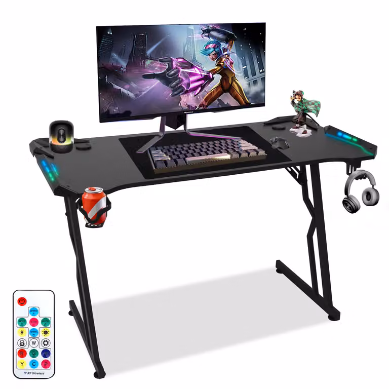 Jayseuw scrivania da gioco ad angolo 120x60cm scrivania per PC scrivania per computer gamer scrivania per ufficio con porta cuffie e porta bicchieri scrivania da gioco per casa e ufficio, con LED