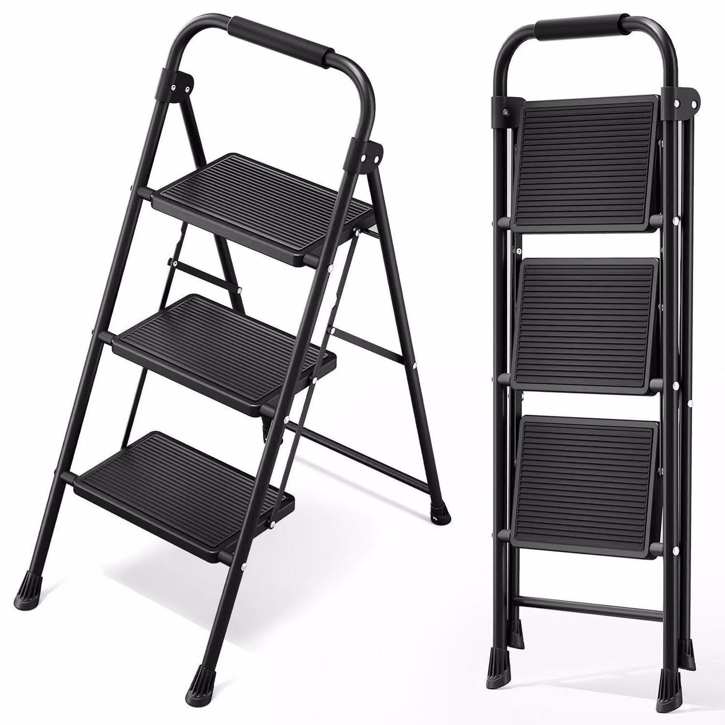 Scala a tre gradini con corrimano e pedale largo, pieghevole, colore nero, capacità di carico: 150 kg
