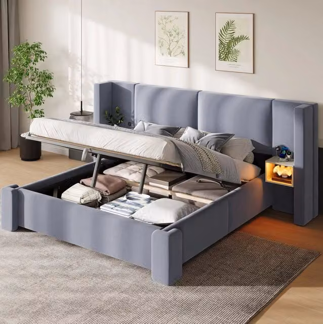 Letto matrimoniale contenitore 140x200 cm in lino grigio con LED e comodini HAVRYA