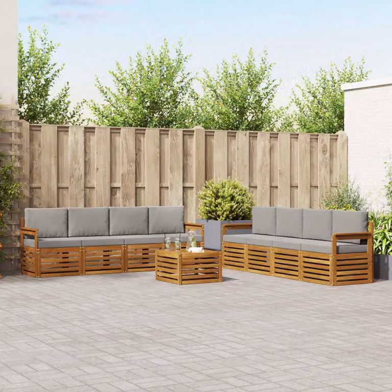 vidaXL Set di divani da esterno a forma di U in legno di acacia con cuscini, 9 pezzi, Beige, Grigio e Marrone