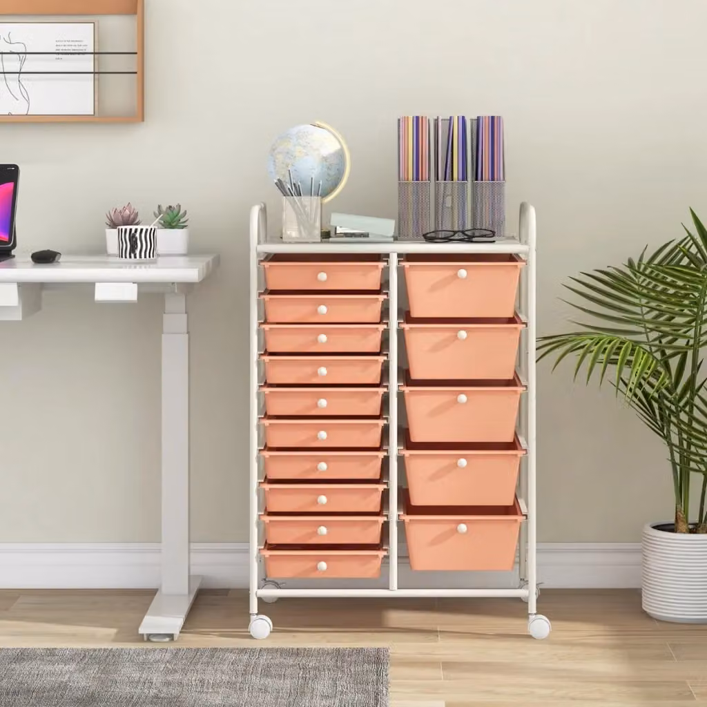 Carrello multiuso con 15 cassetti estraibili e ruote con freno, design moderno in rosa opaco per casa e ufficio – 2