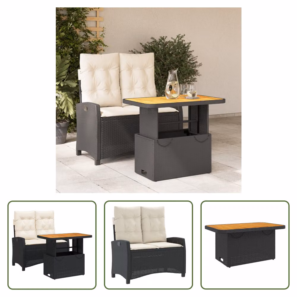 The Living Store Set da pranzo da giardino a 2 pezzi con cuscini in poly rattan nero