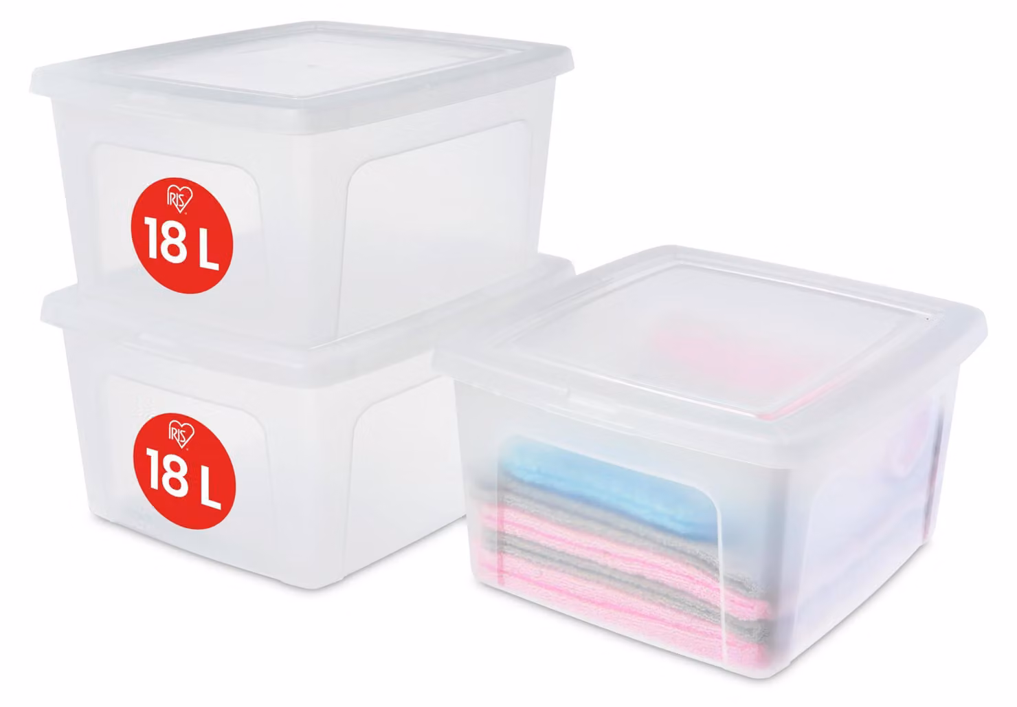 Iris Ohyama, contenitori in plastica con coperchio bombato e chiusure a scatto, capacità 18 litri, set da 3, impilabili, senza BPA, ideali per ufficio o soggiorno, modello MCB-18, trasparenti