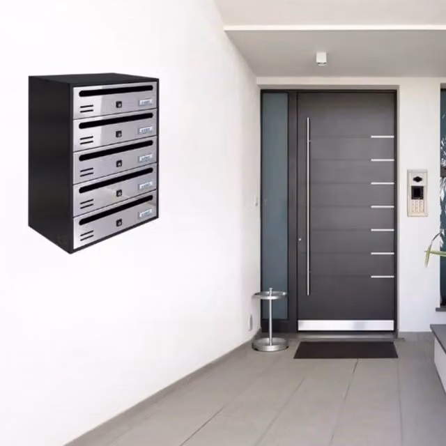 ALUBOX CUBO Cassette Postali Condominiali da 5 Posti in Lamiera Zincata, Colore Antracite con Sportelli in Inox Specchiato, L/P/H: 53,5 x 38,5 x 25 cm
