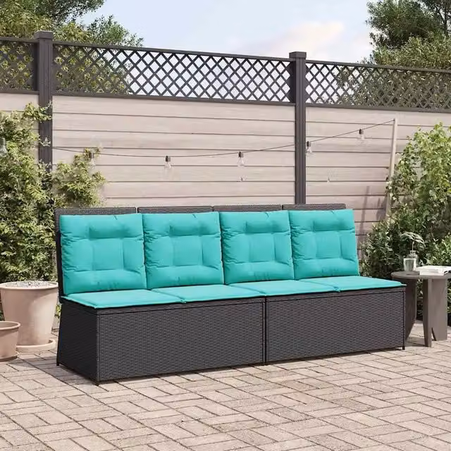 Panchina da giardino moderna vidaXL in rattan e metallo, colore nero e turchese, L: 220 cm, P: 110 cm, H: 67 cm