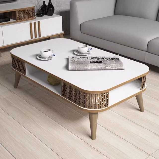 Tavolino da salotto moderno DMORA, rettangolare con angoli arrotondati, Bianco e Marrone, L: 105 cm, P: 60 cm, H: 35 cm