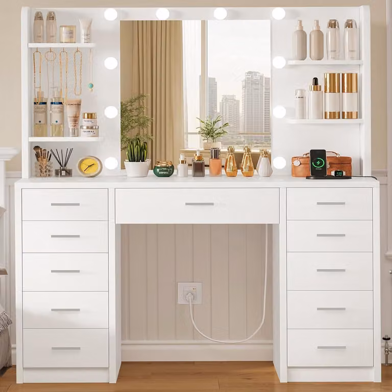 Comò da trucco con illuminazione, prese di corrente, porte USB, 11 cassetti, 4 ripiani, 5 ganci, colore bianco