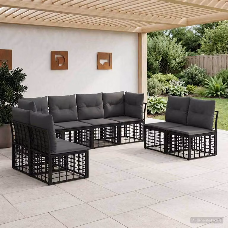 Set di divani da esterno a L vidaXL in polyrattan nero con cuscini in poliestere resistente ai raggi UV