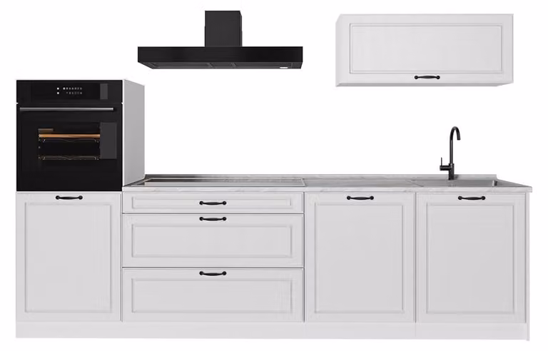 Cucina componibile Vicco R-Line Bianco country/Bianco 280 cm piano di lavoro Marmo, Model 68000